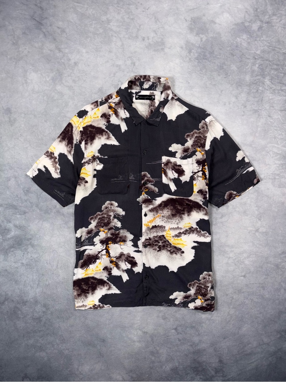 AllSaints SS19 Japanese Landscape Pagoda Nature Print Short Sleeve Shirt